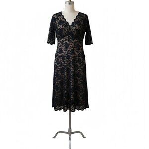 CAbi Black Tan Lace V-Neck Fit and Flare Midi Dress 3/4 Sleeve Medium